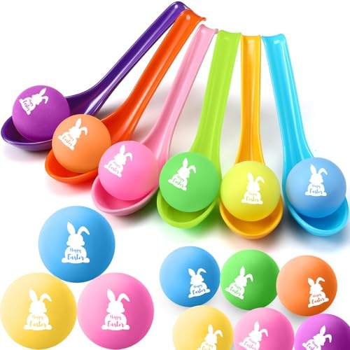 JellyArch 48 Pcs Easter Egg Spoon Race Game Sets for Kids, Easter Balance Relay Party Games Plastic Spoon Colorful Balls for Family Activity Outdoor Decoration Carnival School Activities(Bunny)
