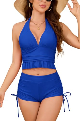 SHEKINI Donna Halter Deep V Bikini Top Cordo da Nuoto Shorts Due Pezzi Abiti da Bagno in Vita Alta con Ragazzo Corto