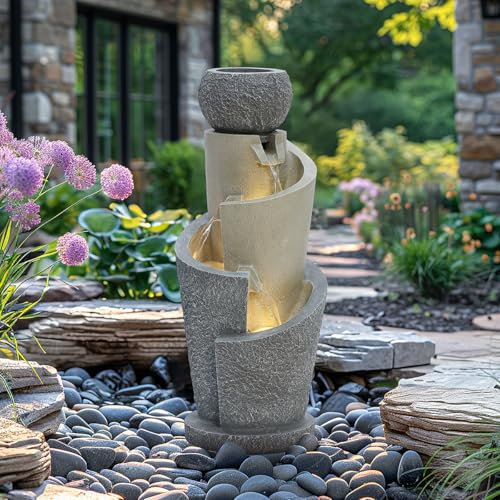 CHARLES BENTLEY 3 Tier, Water Feature, UV Resistant, Weather Resistant, Mains Powered, Plug Included, Frost Resistant, Modern, Water Fountain, Built In LED Lights, Polyresin, Stone (66.5x28x28cm)