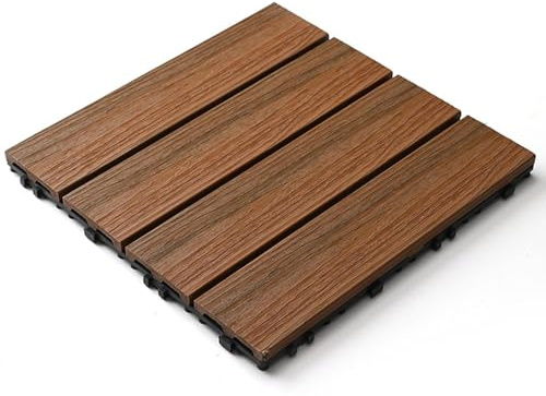 ELzEy Interlocking Decking Waterproof Floor Tiles Outdoor Patio Floor Tiles Backyard Plastic Wood Flooring Outdoor Garden Design Patio Outdoor Balcony Flooring(Faux Teak)