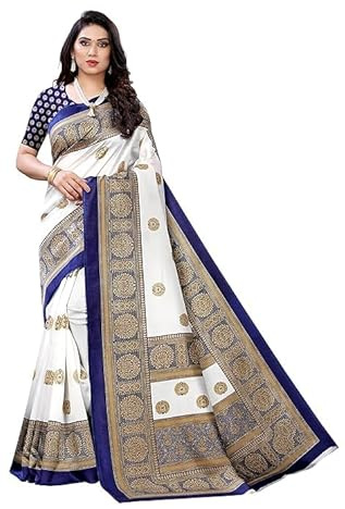 IMTRA FASHION Sari de Seda con Estampado Etnico Indio y Blusa sin Costuras (Azul Marino)