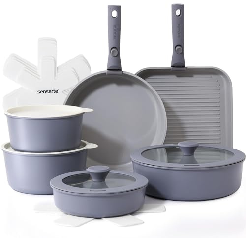 SENSARTE Set di Pentole 17 Pezzi con Manici Rimovibili, Antiaderente in Ceramica, Compatibile con Induzione e Gas, Include Padelle, Casseruole e Grill, Impilabile e Lavabile in Lavastoviglie