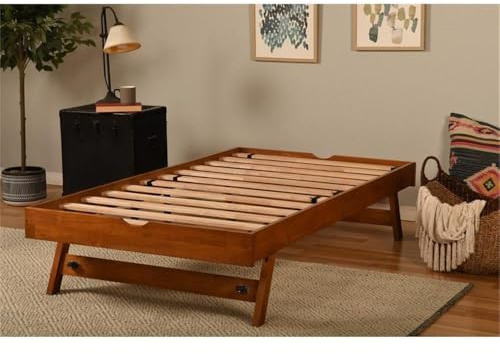 MAKLAINE Twin-Size Pop Up Bed, Solid Hardwood Frame, Barbados Brown Finish, Foldable Design with Sturdy Casters, Mattress Not Included, Versatile Bedroom Bed Setup for Daily or Guest Use