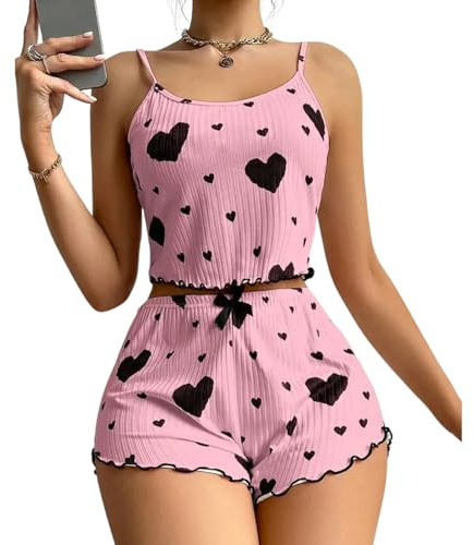 Gatamiau Pijamas Mujer Verano Corto con Estampado de Corazón Camiseta sin Mangas y Pantalones Cortos, Ropa de Dormir Sexy Conjunto de Pijama Suave y Cómodo Sleepwear Lindo (Rosa+Negro, L)