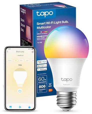 Tapo TL13E E27 Smart Bulb Multicolour Dimmable LED Light Bulb | 806 Lumens 60W Equivalent, 16M Colours, 2500-6500K, Away Mode, Works with Alexa & Google, No Hub Required
