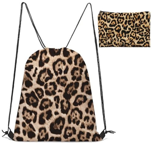 KASESSS Set di Sacca Sportiva a Coulisse con Stampa Leopardata, Leggera Zaino Palestra e Leopardata Pochette, Borsa Palestra con Coulisse in Tessuto Oxford per Lo Sport, Scuola,Viaggi, Spiaggia
