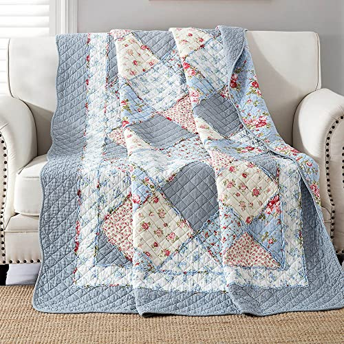 VIVILINEN Blaue Baumwolle Patchwork Quilt Gesteppte Tagesdecke Überwurf Decke für Couch Twin Größe 150 X 200 cm Blumenüberzüge Weiche Gartenblumen Wendedecke Bettdecke für Bett Sofa Heimdekoration