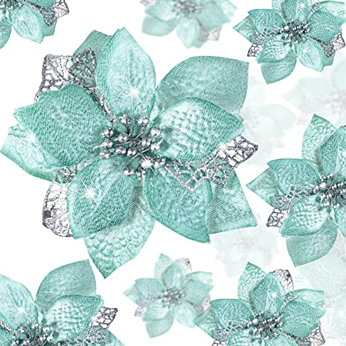 WILLBOND Lot de 36 Fleurs de Poinsettia artificielles à Paillettes pour décoration de Noël, Mariage, Sapin de Noël, Nouvel an (Bleu-Vert)