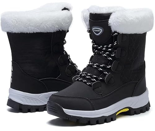 Maxome Snow Boots Womens Winter Boots Walking Ladies Waterproof Fur Lined Ankle Mid Calf Outdoor Women Walking Shoes Non-Slip Lightweight for Girls Booties Black