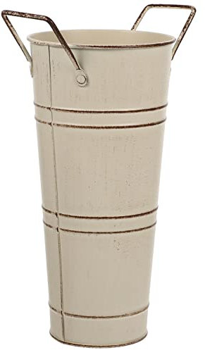 HOMSFOU Vintage Metal Vase Galvanized Bucket Flower Vase Tall Planter with Handles Farmhouse French Pitcher Dried Flower Bucket Plant Holder for Wedding Centerpiece Decor Beige, 5.9 X 4.3 X 8.9