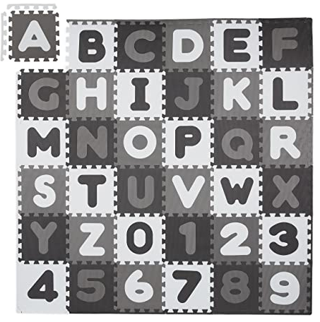 Relaxdays Puzzlematte ABC und Zahlen, 60 Teile, Spielmatte Kinder, BxT: 172x172 cm, unbedenklich, Schaumstoff, weiß-grau