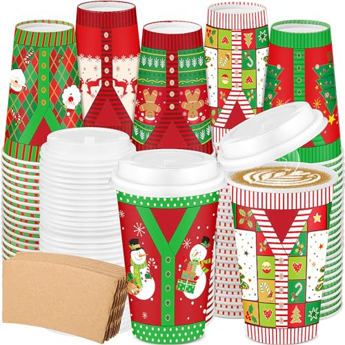 Maxcheck Paquete de 90 tazas de café desechables de Navidad de 16 onzas con tapas y mangas, papel de vacaciones, chocolate caliente, cacao para fiestas de suéteres feos (Maxcheck-Cups-44)