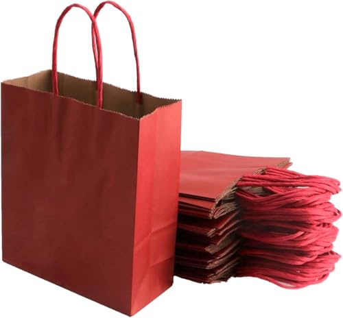 Lot de 40 Sacs Cabas en Papier Kraft avec Poignées -18 x 8 X 21 cm Sac de Courses/Emballage cadeau pour Anniversaire, Noël, Mariage (Rouge)
