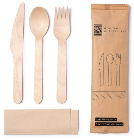 Wooden Disposable Cutlery Sets | 16cm Knife, Fork, Spoon & Tissue Set | Individually Wrapped | 16cm | Picnic Party or Wedding Cutlery | Eco Friendly Biodegradable Compostable (150)