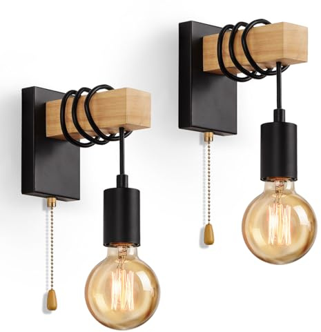 Lightsjoy 2 Pack Pull Cord Wall Lights Industrial Wall Lights Indoor Wood Wall Sconces Rustic Wall Lamps E27 Base Internal Black Light Fitting Living Room Bedroom Stair Hallway Restaurant-Black