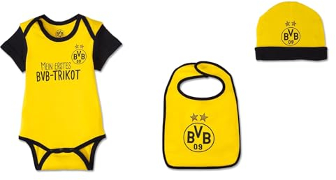 Borussia Dortmund BVB Baby Geschenkbox 3-tlg. - Kurzarm-Body, Mützchen & Lätzchen - 100% Baumwolle - Größe 62/68