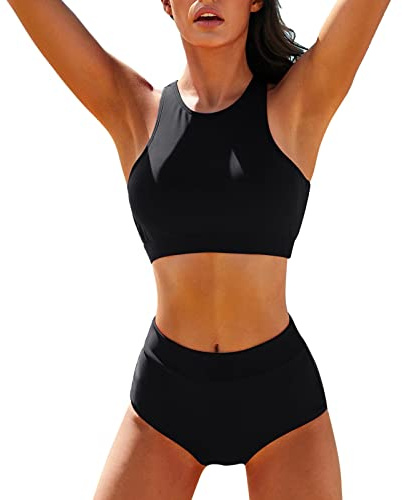 Generisch Sport Bikini Damen High Waist Bustier Bikini-Sets Racerback Swim Top Bikini Oberteil mit Triangel Swim Shorts Elegant Zweiteiliger Badeanzug Strandmode Swimsuit Sport Badeanzug für Damen