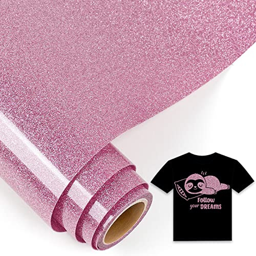 IModeur Glitter Pink Iron on Vinyl — 30.5 x 153 cm Heat Transfer Vinyl for Fabric, PET Backing HTV Roll for T-Shirts, Clothes, Hats, Bags and Other Textiles, Easy to Weed