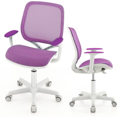 COSTWAY Silla de Escritorio para Niños, Silla Infantil Giratoria para Computadora con Altura Ajustable, Ruedas con Freno, Reposabrazos Lisos, Silla Ergonómica de Estudio para Niño (Morado)
