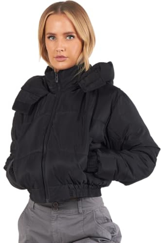 RAIS Cropped Puffer Coat with Detachable Hood Womenswear Jacket Outerwear Size 6-12 (UK, Alpha, XS, Regular, Regular, Black)