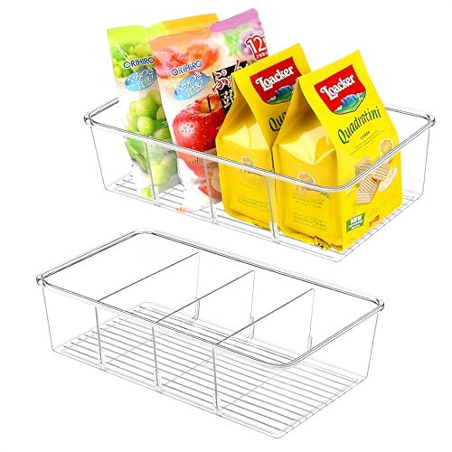 Eidoct 2 Pack Food Storage Organizer Bins with Removable Divider, Clear Plastic Stackable Container for Pantry, Kitchen, Fridge, 4 Compartment Holder Packets
