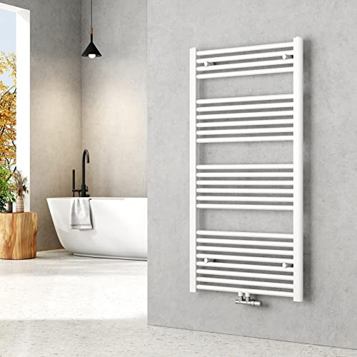 EMKE Handtuchheizkörper 1200x600 mm - Gerade Badheizkörper mit Mittelanschluss, Effizienter Handtuchwärmer Handtuchtrockner Heizkörper für Bad, Weiß, 598W