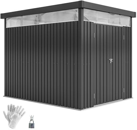 Outsunny Casetta da Giardino 4.9m² in Acciaio Zincato con Fori di Drenaggio e Finestre Trasparenti in Acrilico, Capanno Porta Attrezzi con Tetto, Porta Bloccabili con Chiavi e Guanti, Grigio Scuro