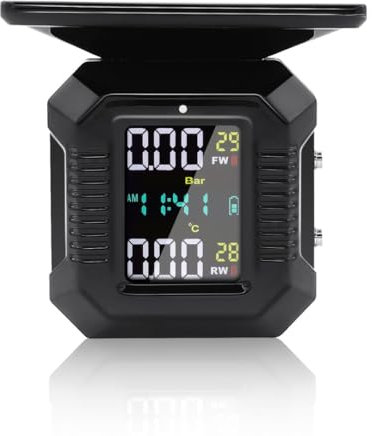 Avutrel Sistema di monitoraggio della pressione dei pneumatici TPMS, solare wireless e magnetico di ricarica degli pneumatici con 2 sensori esterni, 5 modalità di allarme, gamma 0-4 bar per moto