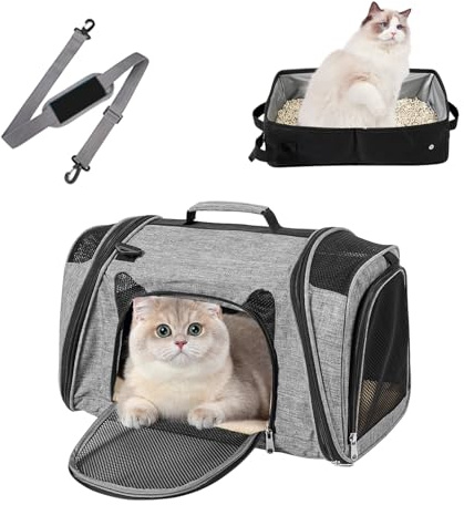 Transportbox Katze, Faltbare Katzentransportbox mit Katzenklo, Transporttasche mit Katzentoilette für Große Katzen Welpen und Kleine Hunde, Atmungsaktive Hundetragetasche Reisen mit Schultergurt