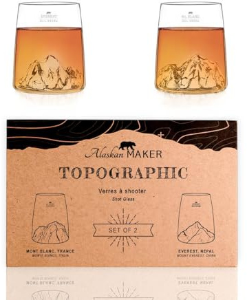 Alaskan MAKER Coffret de 2 shooters 6.5 cl - Verres Cristallin de qualité supérieure soufflés artisanalement avec les montagnes en relief | Forme Tulipe | TOPOGRAPHIC (Everest & Mont Blanc)