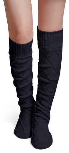 Becotal Chaussettes hautes épaisses et chaudes pour femme, chaussettes hautes et douillettes avec motif tressé, chaussettes d'hiver, Noir , taille unique