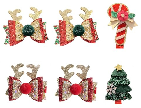 Accesorios para el cabello niña Navidad, 6 clips adorables con diseño de cuerno, árbol de Navidad y caramelos, para niñas, regalo de Navidad, 1.9-2.5 pulgadas