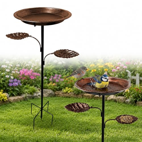 Bagnetto per Uccelli in Metallo da Giardino – 2 in 1 Vasca per Uccelli e Mangiatoia, Bird Bath Vintage con Picchetto, Abbeveratoio per Uccelli da Terra e Decorazione Giardino per Esterno (Rame)