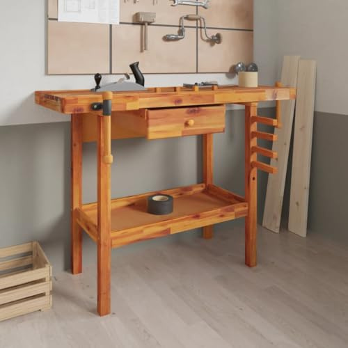 WITREE Banco de Trabajo de Madera Acacia Banco de Carpintero Mesa de Trabajo de Madera para Trabajos de carpintería, Bricolaje y Taller-124x52x83cm