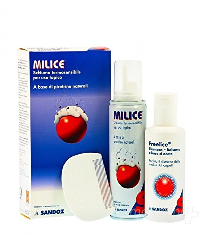 Milice Schiuma Termosensibile per uso topico 150 ml + Shampoo Complementare 80 ml + Pettine a Denti Fitti per la rimozione di Lendini e Pidocchi