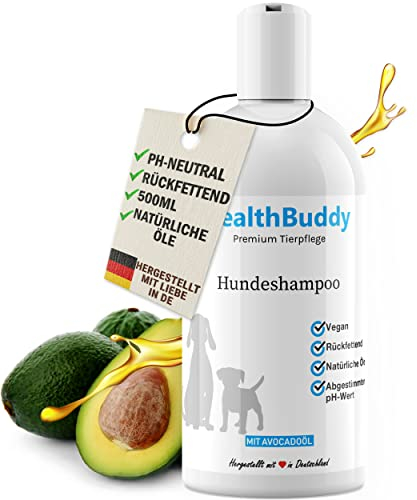 Premium Hundeshampoo [500ml] mit natürlichem Avocadoöl – Made in Germany – Entfernt unangenehme Gerüche, Für empfindliche Haut und Fell, Wirkt Rückfettend, Hilft gegen Juckreiz und Flöhe