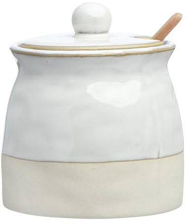 Creative Co-op Stoneware Sugar Pot with Lid and Wood Spoon, White Glaze