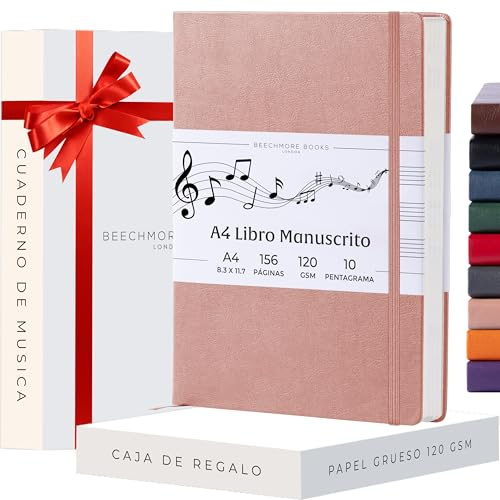 Beechmore Books Blank Sheet Music Notebook – A4 8.5”x11.5” for Songwriters, Musicians & Composers,156 Thick 120gsm Pages,10-Staff Perforated Sheets, Vegan Leather Hardcover, Elastic Closure, Gift Box