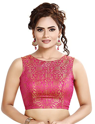 Madhu Fashion Women's Traditional Rich Banaras Brocade Sleeveless Readymade Saree Blouse 42 Pink