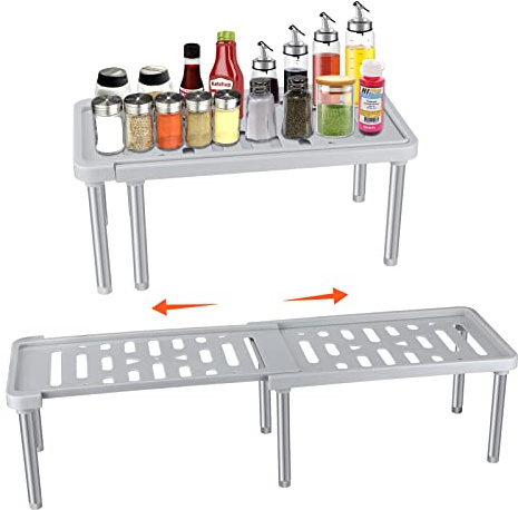 Fohil Expandable Cabinet Organizer Shelf, Kitchen Cupboard Organizer, Countertop Finisher Spice Rack for Spice Jars and Bottles, Retractable Storage Shelf for Fridge Kitchen Pantry Bathroom