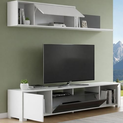 Dmora Parete Attrezzata Gruf 41x200x180h cm Bianco Lucido 6 Ripiani Modulabile, Apertura Battente e a Ribalta