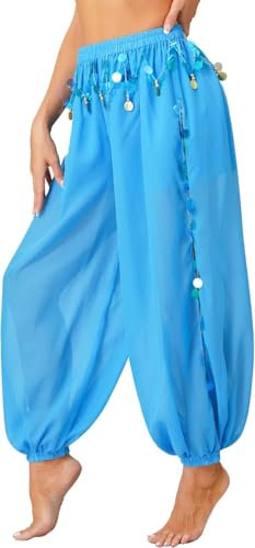 OSRDFV Pantalones de disfraz de danza del vientre para mujer, con lentejuelas divididas laterales, pantalones de yoga harén brillante, pantalones árabes de Halloween, azul celeste, Talla única