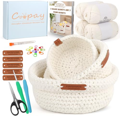 Coopay Juego de ganchillo para principiantes, 3 tamaños, cestas redondas, juego de ganchillo con ganchillo, instrucciones (idioma español no garantizado), lana de 5 mm de grosor para cesta de