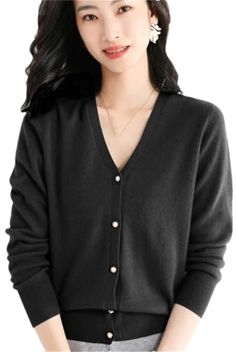 Cardigan en cachemire pour femme - Col en V - Boutonné - Solide - Cardigan tricoté, Noir , XXL