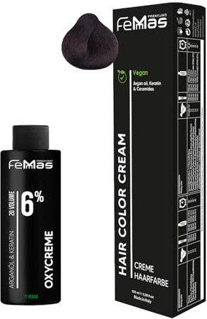 Femmas Set de tinte para el cabello caoba 5.5 I Hair Color Cream 100 ml + crema de óxido 100 ml 6% I coloración permanente del cabello + desarrollador I Suave y duradero I Tinte de pelo de salón de