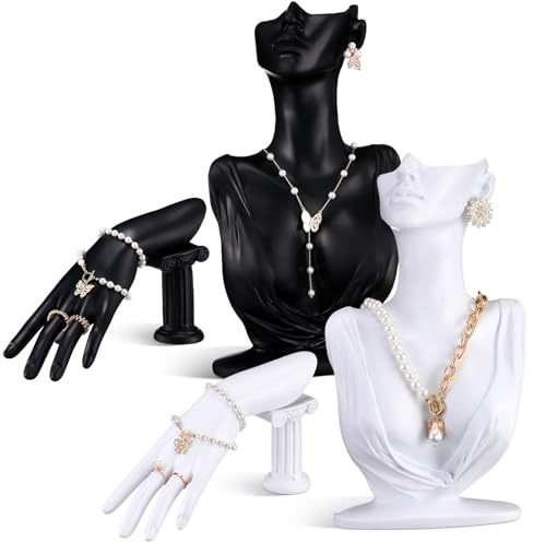 Yalikop 4 Pack Resin Jewelry Mannequin Display Set Necklace Earring Display Stand and Female Mannequin Hand Ring Bracelet Holder Bust Organizer Black White for Shows Selling Home Decor (Elegant)