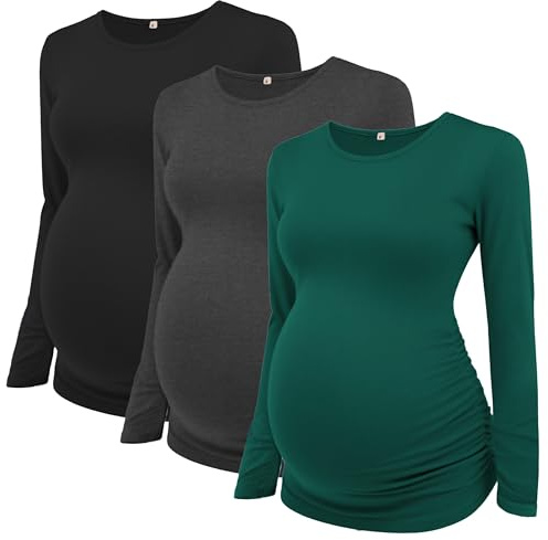 Love2Mi 3Pack Women's Maternity Tops Long Sleeve Flattering Side Ruched Maternity Shirt Maternity Clothing
