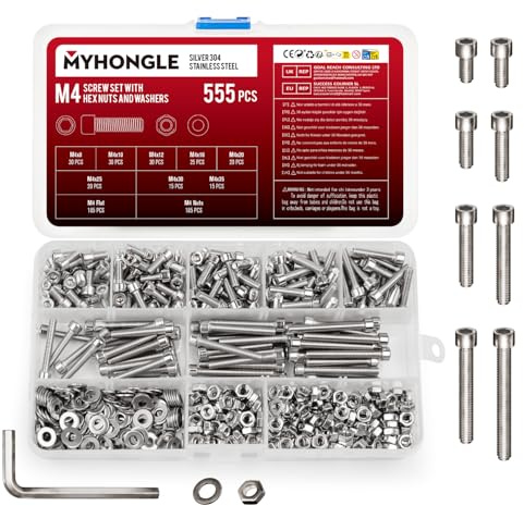 Lot de 555 vis cylindriques M4 en acier inoxydable avec vis à six pans creux avec rondelles - Assortiment de vis à tête hexagonale - Assortiment de vis filetées