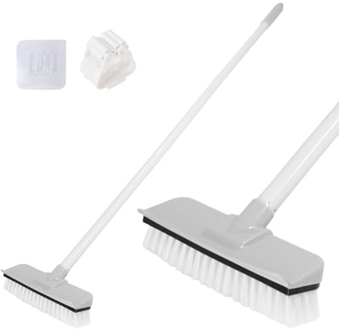 ASOUUNLD Cepillo de Limpieza de Suelo con Mango Largo, 2-en-1 Escoba de Limpieza de Baño de Cerdas Rígidas con Escobilla de Goma para Limpiar Azulejos, Cocina, Baño, Terraza, con Cepillo Limpia Juntas