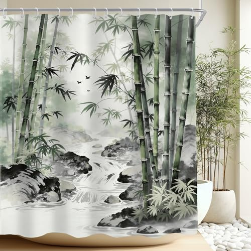 AMBZEK Bamboo Shower Curtain 60Wx72L Inch Zen Spa Green Leaves Nature Scenery Watercolor Spring Plants Botanical Calm Artwork Cloth Fabric Waterproof Polyester Bathroom Decor Set with 12 Pack Hook